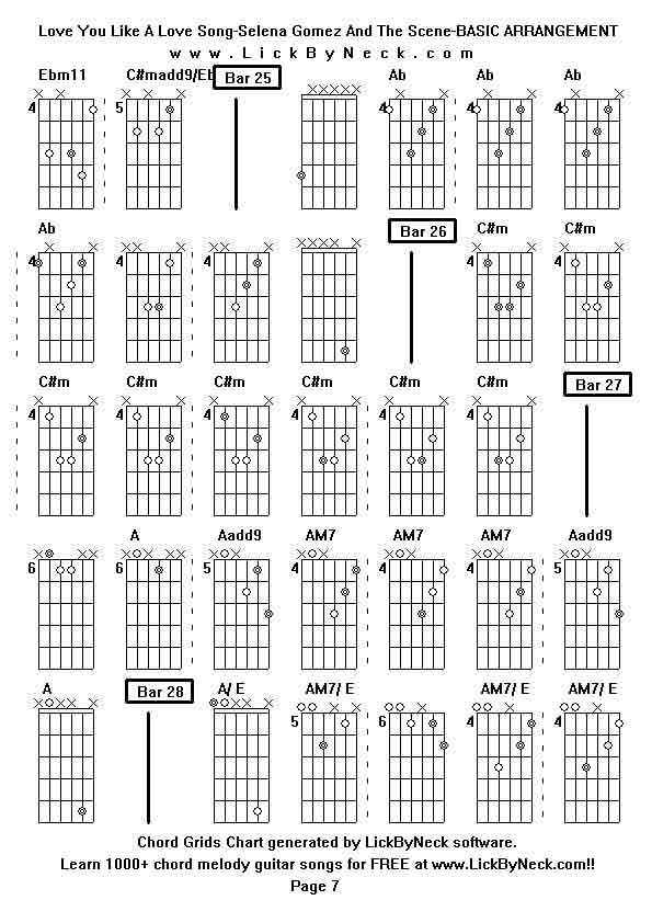 Chord Grids Chart of chord melody fingerstyle guitar song-Love You Like A Love Song-Selena Gomez And The Scene-BASIC ARRANGEMENT,generated by LickByNeck software.